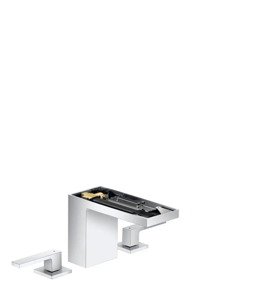AXOR Waschtischarmatur mit zwei Bedienhebeln, rechteckiger Form und integriertem Ablaufmechanismus, in glänzendem Chrom-Finish.